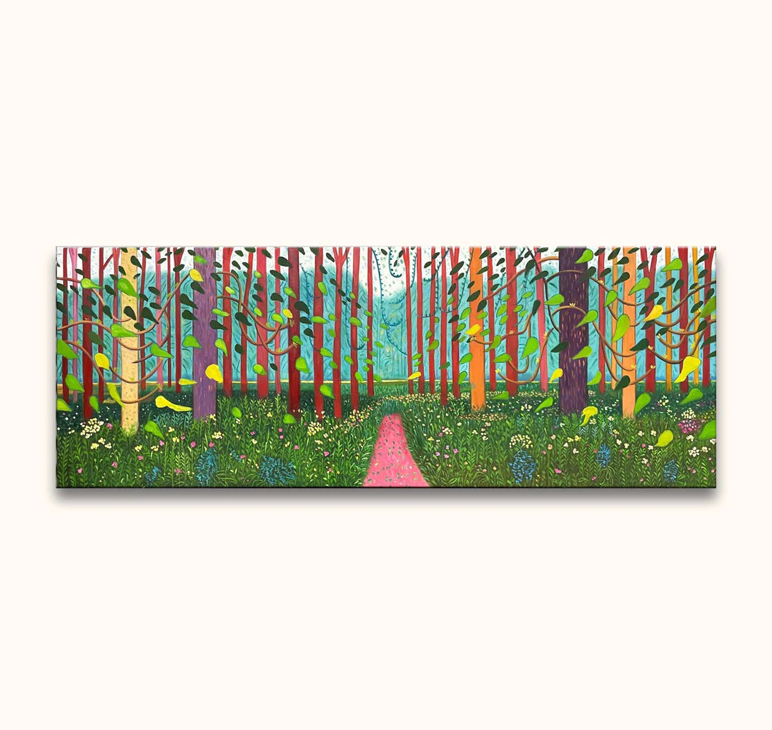 Sprookjesachtig boslandschap met kleurrijke bomen en bloemen, handgeschilderd. Smal roze pad leidt naar mistige turquoise licht. Ideaal voor interieurontwerp.