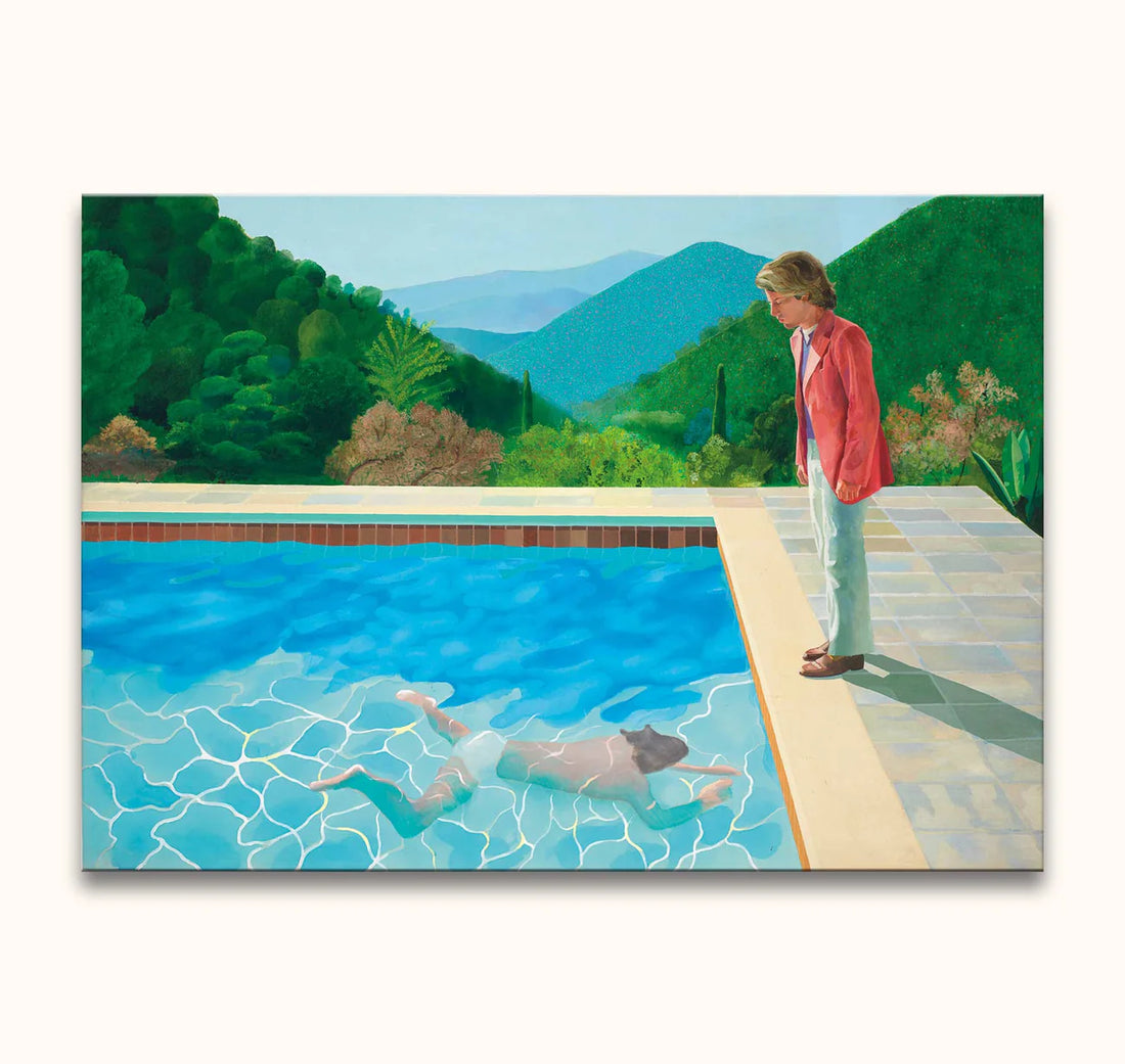 Twee mannen bij een zwembad; één zwemt, één kijkt toe. Kleurrijk, zomers tafereel. Handgeschilderd kunstwerk, ideaal voor modern interieurontwerp.