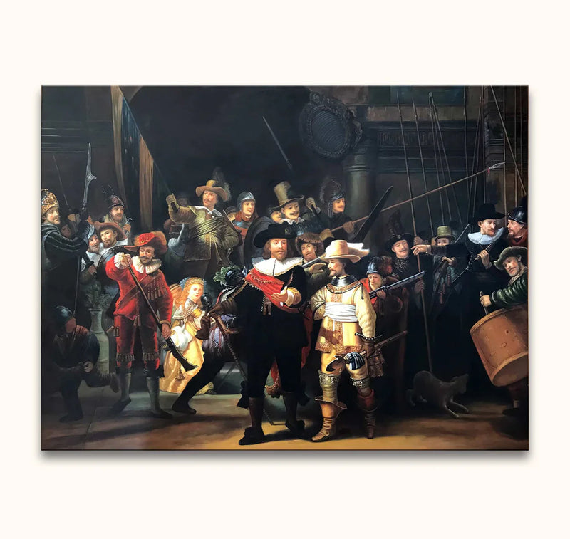 Groepsportret van 17e-eeuwse Amsterdamse schutters, met kapitein in zwart en luitenant in geel. Dramatisch licht, Rembrandts De Nachtwacht reproductie.