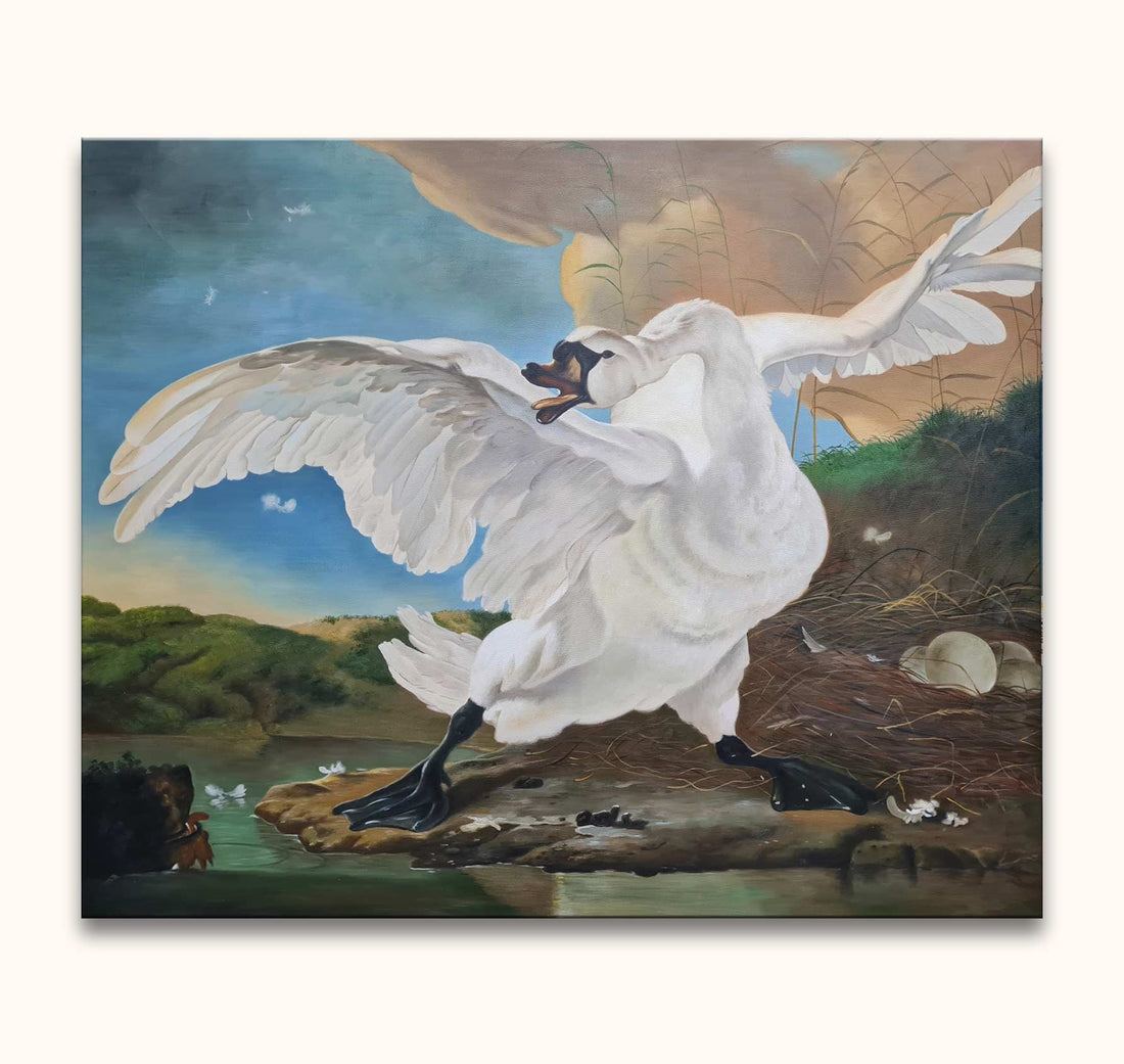 Een witte zwaan beschermt haar nest met eieren tegen een indringer in een schilderij. Geschilderd door een moderne kunstenaar, perfect voor interieurontwerp.