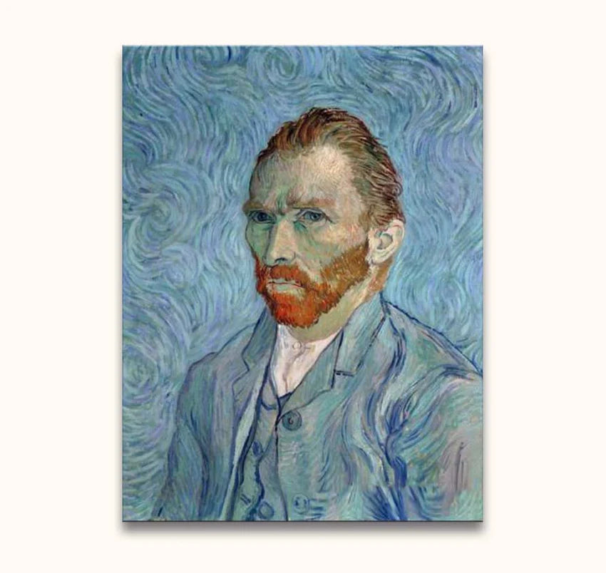 Vincent van Gogh's zelfportret, borstbeeld met rood haar en baard, blauwe achtergrond en jas. Olieverf, passend bij diverse interieurstijlen.
