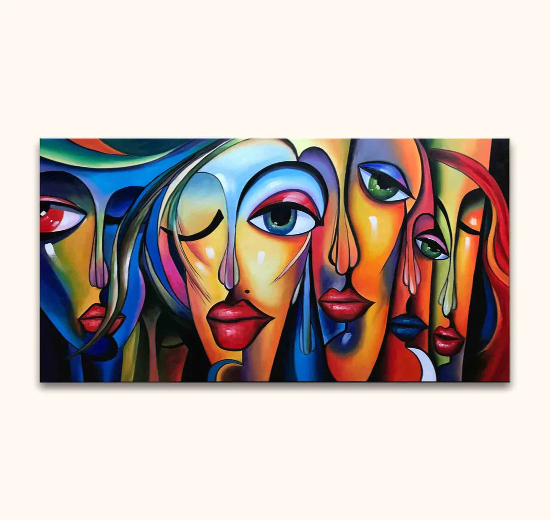 Abstract schilderij met gestileerde gezichten in cubistische stijl, levendige kleurenmix van blauw, geel, rood, groen en paars, benadrukt emotionele expressie.