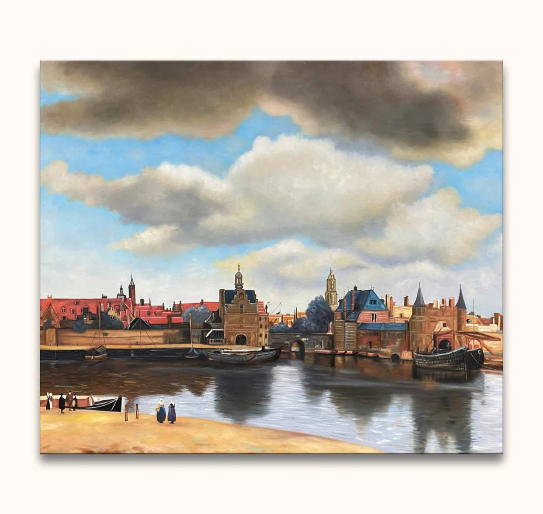 Riviervista met vijf figuren in historische kleding bij een roeiboot. Achter hen een stadsmuur met rode daken en torens. Geïnspireerd door klassieke Europese kunst.