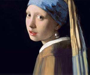 Young woman with blue headscarf and pearl earring, inspired by Vermeer. Hand-painted artwork ideal for interior design from degrootmeesters.com.