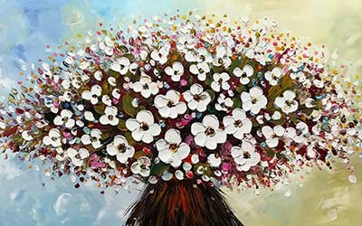 Stylized floral painting with sunflowers on a green background, ideal for interior design.