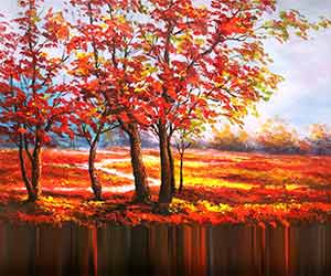 Autumn landscape painting with red and orange trees in foreground, golden meadow behind. Impressionistic style, capturing fall's vibrant glow. Ideal for interior design.