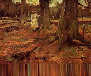 Impressionistic painting of a woman in a wood. Hand-painted artwork suitable for interior design.