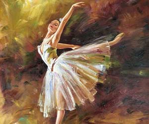 Oil painting of a ballerina en pointe in a feathery tutu, arms arched elegantly overhead, against an abstract earth-toned background.