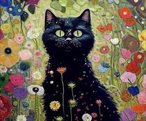 Impasto-style painting of a black cat in a flower garden, using bright tones. Thick brushstrokes convey dynamic movement and energy.