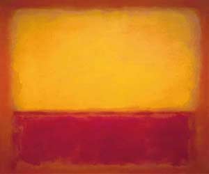 Twee wazige horizontale kleurvlakken, goudgeel bovenaan en dieprood onderaan, geïnspireerd op Mark Rothko. Abstract kunstwerk, geschikt voor interieurontwerp.