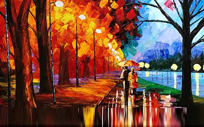 Two figures under an umbrella in an impressionistic park scene with autumn trees and a lakeside, painted in vibrant palette-knife style.