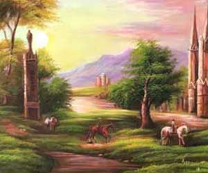 Romantic-style landscape with medieval towers, a winding stream, lush greenery, and grazing animals at sunrise or sunset. Hand-painted artwork for interior design.