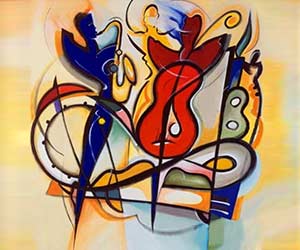 Abstract schilderij met warme kleuren en kubistische vormen, met gestileerde muziekinstrumenten verweven in een speels, ritmisch ontwerp. Geschikt voor interieurontwerp.