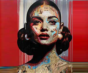 Painting of a woman's faces, exaggerated features, and bold colors; modern expressionist style, blending graphic and cubist influences. Ideal for contemporary interiors.