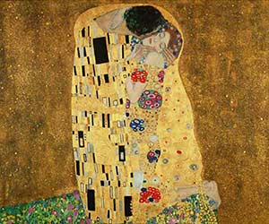 Abstract portrait of a kissing woman and man, gold flecks, red lips, copper-brown hair, and textured gold background. Hand-painted artwork.