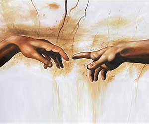 Close-up of Michelangelo's The Creation of Adam fresco, depicting God and Adam's hands reaching toward each other, showcasing classic Renaissance artistry.