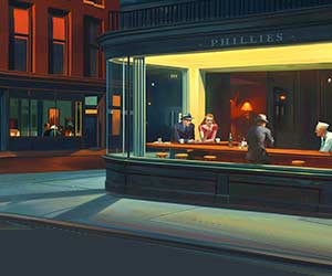 Drie personen in een nachtelijk diner, gezien van buitenaf – geïnspireerd door Edward Hopper's stijl. Geschilderd kunstwerk geschikt voor interieurontwerp.