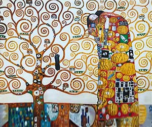 Ornamental “tree of life” motif with gold trunk, spiraled branches, and mosaic-like geometric shapes, reflecting Art Nouveau style. Hand-painted, ideal for interior design.