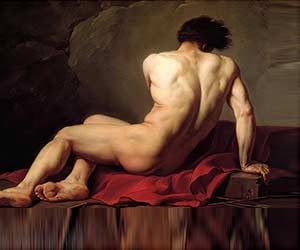 Study of a nude male figure from behind, seated with arm support, emphasizing back musculature and light contrast, on red drapery. Hand-painted artwork.