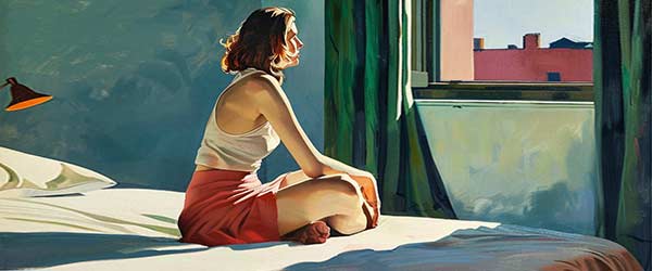 Woman in morning clothing on a bed, looking out the window on a sunny morning. Oil-style painting with warm earth tones, creating a moody, intimate atmosphere.