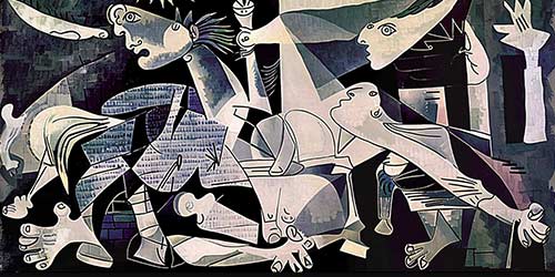 Cubist-style abstraction featuring fragmented human forms and possible musical instruments in black, white, and gray tones, reflecting modern artistic expression.