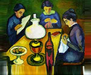 Drie vrouwen rond een tafel met naaiwerk, fruit en een olielamp. Schilderij in fauvist stijl, handgeschilderd kunstwerk van degrootmeesters.com.