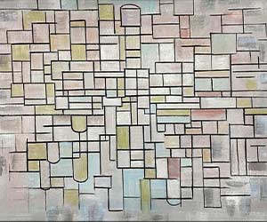 Abstracte geometrische compositie met elkaar kruisende rechthoeken en vierkanten in zachte pastelkleuren, omlijnd met zwart. Geschilderd in een moderne kunststijl.