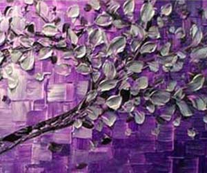 Abstract painting with a purple mosaic background, featuring a textured tree branch with silvery leaves. Impasto style, ideal for modern interior design.