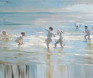 Impressionist-style painting of five children playing in the sea, wearing white summer clothes, capturing light and movement for a joyful beach day ambiance.