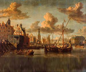 Zeventiende-eeuws havengezicht met zeilschepen, grachtpanden, een kerktoren en wolkenlucht. Realistisch geschilderd, typisch voor de Nederlandse Gouden Eeuw.