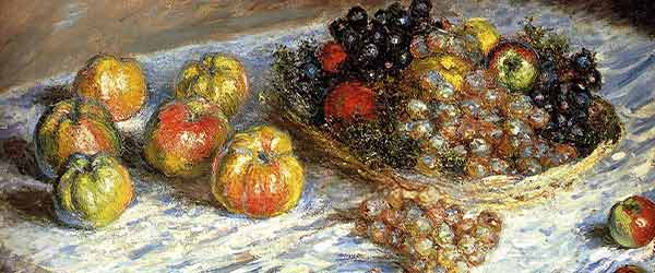 Impressionistisch stilleven met fruit op tafelkleed; mand met druiven en appels of perziken. Losse penseelstreken, warme tinten. Handgeschilderd kunstwerk.