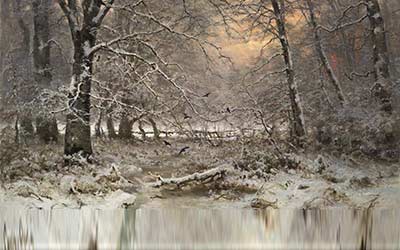 Realistic winter wood scene with brown tree trunks, snowy ground, and white golden rolling hills, reflecting realistic artistic style.