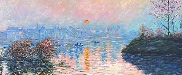 Impressionistisch landschap: zonsondergang bij een rivier, met silhouetten van roeiboten, een dorp op de achtergrond en een dromerige kleurpalet van roze en blauw.