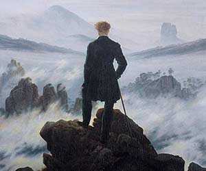 Een eenzame figuur in 19e-eeuwse kleding staart over een mistige vallei, geïnspireerd door Caspar David Friedrich's romantische schilderij Wanderer above the Sea of Fog.