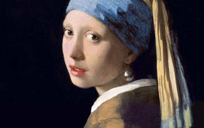 Portrait of a young woman with a blue-and-yellow turban and pearl earring, inspired by Vermeer's style. Hand-painted, suitable for interior design.
