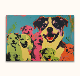 Andy Warhol signature - Dogs 2: Pop-Art style painting of a happy dog and seven puppies, hand-painted on museum-quality canvas, ready to hang.