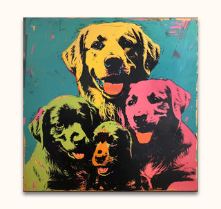 Andy Warhol signature - Dogs 3: Hand-painted pop art with four neon-hued dogs, oil on museum-quality canvas, ready to hang, perfect for modern interiors.
