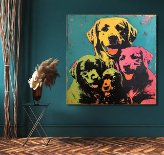 Andy Warhol signature - Dogs 3: Pop art canvas with four vibrant dogs, framed without a border, ready to hang. Ideal for modern interiors.