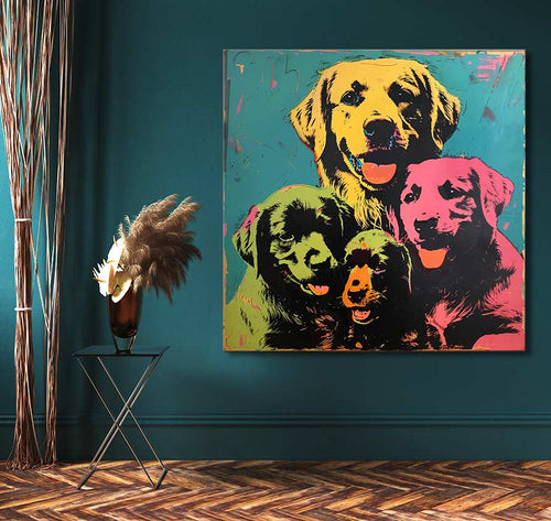 Andy Warhol signature - Dogs 3: Pop art canvas with four vibrant dogs, framed without a border, ready to hang. Ideal for modern interiors.