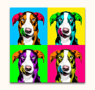Andy Warhol signature - Dogs 4: Pop-art collage of a dog's face in four panels, mid-lick, with vibrant colors, hand-painted on museum-quality canvas.