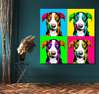Andy Warhol signature - Dogs 4 pop art portrait featuring a dog in four vibrant panels, displayed in a modern interior setting with a black side table and pampas grass.