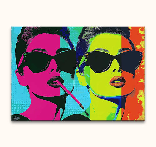 Andy Warhol signature - Audrey Hepburn portrait in pop-art style, featuring bold colors and contrasting schemes. Hand-painted, ready to hang on stretched canvas.