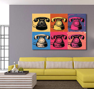 Andy Warhol signature - Telephones: Six-panel pop-art canvas featuring vintage rotary phones in bold colors, hand-painted on high-quality, UV-protected canvas.