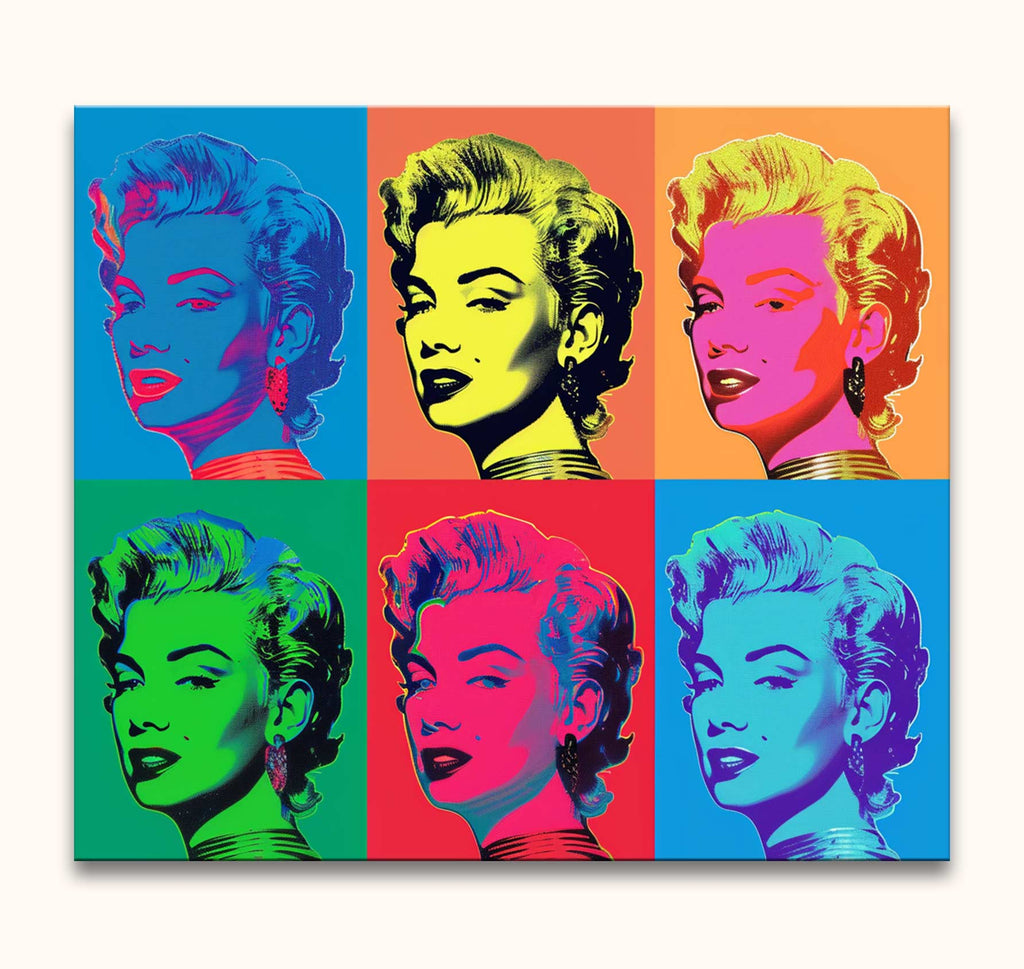 Andy Warhol signature - Marylin Monroe 6: A vibrant pop-art oil painting featuring six stylized portraits of Marilyn Monroe in a 3×2 grid, ready to hang.