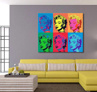 Andy Warhol signature - Marylin Monroe 6, pop-art oil painting on a six-panel canvas above a mustard-yellow sofa, showcasing vibrant portraits in a modern living room.