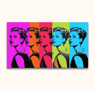 Andy Warhol signature - Audrey Hepburn 2: Five pop-art style portraits of Audrey Hepburn in vibrant colors, hand-painted on high-quality oil canvas, ready to hang.