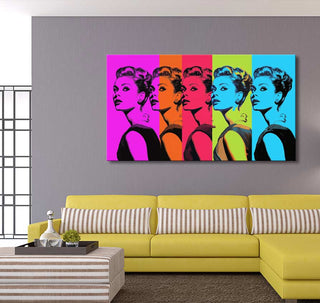 Andy Warhol signature - Audrey Hepburn 2: Five-panel pop-art canvas of Audrey Hepburn's profile in neon colors, adding vibrant style to any modern living space.