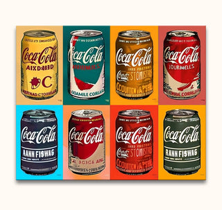 Andy Warhol signature - Coca Cola pop-art painting featuring eight stylized soda cans in a vibrant grid. Hand-painted, ready-to-hang, museum-quality canvas.