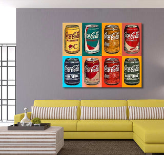 Modern living room with a mustard-yellow sectional sofa, pop-art canvas: Andy Warhol signature - Coca Cola, featuring eight colorful retro Coca-Cola cans.