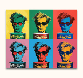 Andy Warhol signature - Soup Cans: Six-panel pop-art print of a young man with sunglasses, inspired by Warhol's style. Hand-painted, ready to hang.